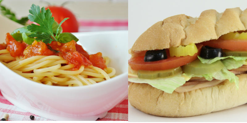 Un plato de pasta con tomate vs Subway 15 cm de jamón de pavo (Pixabay)